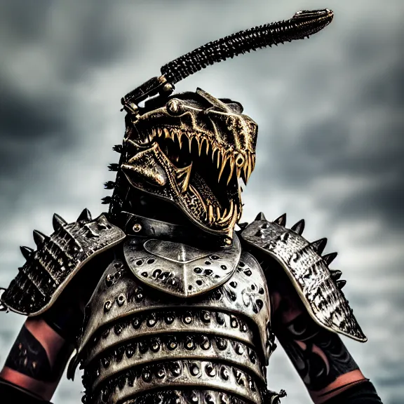 Prompt: photo of a warrior with metal crocodile theme armour, 4 k, hdr, smooth, sharp focus, high resolution, award - winning photo