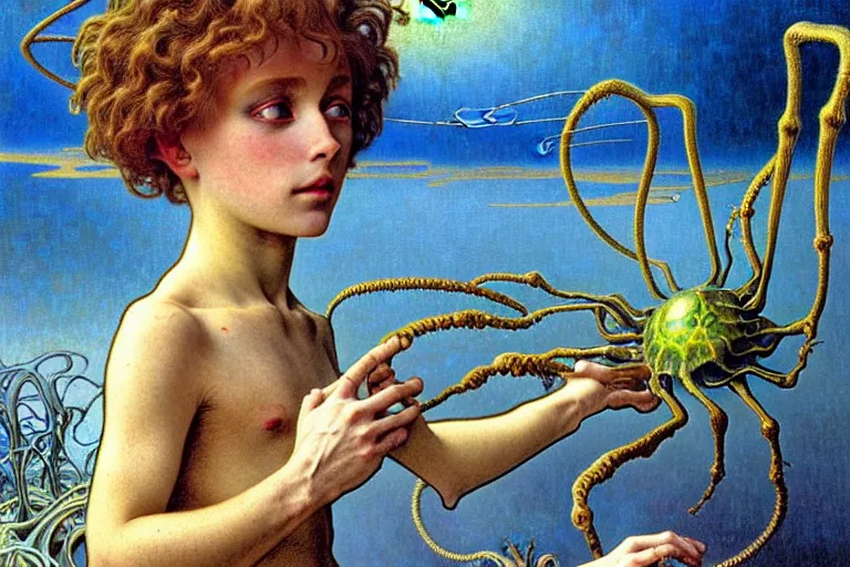 Image similar to realistic extremely detailed portrait closeup painting of a ghost kid playing with giant spider, futuristic sci-fi landscape on background by Jean Delville, Amano, Yves Tanguy, Alphonse Mucha, Ernst Haeckel, Edward Robert Hughes, Roger Dean, rich moody colours, blue eyes