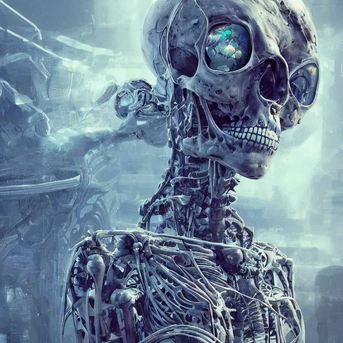 Image similar to cybernetic skeleton babe. burning distortions. dusty distortions. intricate abstract. intricate artwork. by Tooth Wu, wlop, beeple, dan mumford. octane render, trending on artstation, greg rutkowski very coherent symmetrical artwork. cinematic, hyper realism, high detail, octane render, 8k, iridescent accents