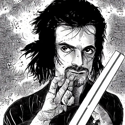 Image similar to pen and ink!!!! attractive 22 year old deus ex Frank Zappa x Ryan Gosling golden!!!! Vagabond!!!! floating magic swordsman!!!! glides through a beautiful battlefield magic the gathering dramatic esoteric!!!!!! pen and ink!!!!! illustrated in high detail!!!!!!!! by Hiroya Oku!!!!!!!!! Written by Wes Anderson graphic novel published on Cartoon Network MTG!!! 2049 award winning!!!! full body portrait!!!!! action exposition manga panel