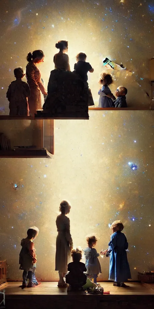 Prompt: a mother a father and 8 children looking at the wall of their bedroom and seeing the universe full of galaxies and planets, imagination, part by norman rockwell, part by greg rutkowski, part by mattias adolfsson, high angle, ( ( ( ( volumetric lighting ) ) ) ), oil on canvas