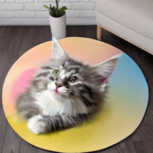 Image similar to a playful cream colored maine coon kitten is alone in a dark and dusty parlor. it plays with cat toys on a colorful round throw rug. 8 k, 4 k, digital art, artstation