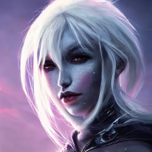 Prompt: kerli koiv as drow. d & d portrait character headshot, sharp, digital matte painting, anime key art by yoshitaka amano, greg rutkowski, wlop, dramatic lighting, trending on artstation