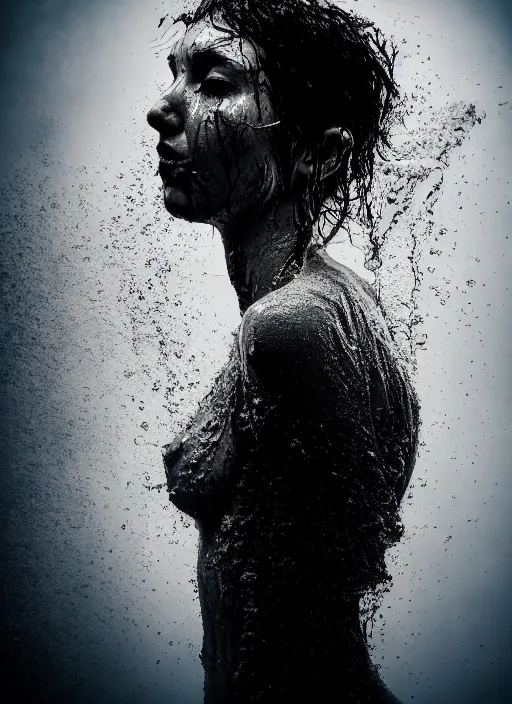 Prompt: conceptual photography portrait of a woman dissolving into water, panic, washing away, fading to nothing, inevitability, agony, surreal portrait, moody, helpless, hopeless, 4 k