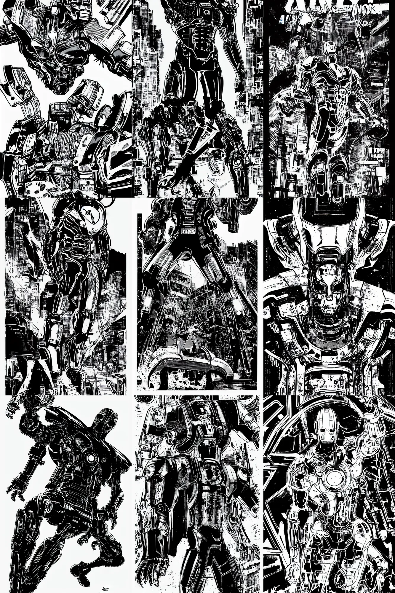 Image similar to ultron, a page from cyberpunk 2 0 2 0, style of paolo parente, style of mike jackson, 1 9 9 0 s comic book style, white background, ink drawing, black and white