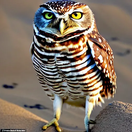 Prompt: he didn't sleep standing or perched, he slept in what could be described as a squat with his short stubby tail supporting him, and his legs splayed out to the sides, burrowing owl, owls, guardians of gahool