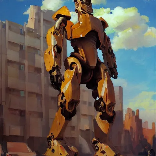 Image similar to Greg Manchess painting of a giant humanoid cyborg, medium shot, low angle, asymmetrical, scifi art, Organic Painting, sunny day, Matte Painting, bold shapes, hard edges, street art, trending on artstation, by Huang Guangjian and Gil Elvgren and Sachin Teng