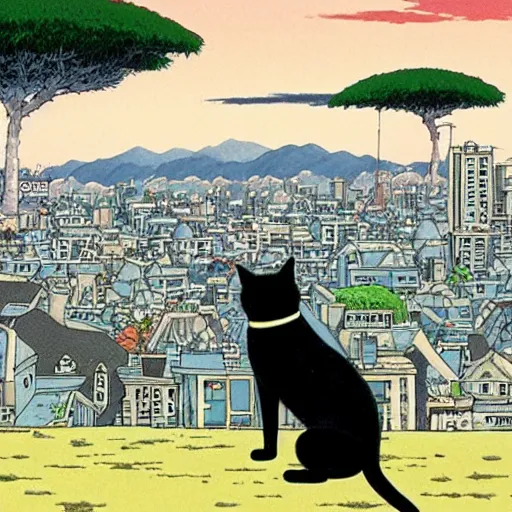 Prompt: a black cat and pug dog hold hands and look out over a city, Miyazaki, studio ghibli