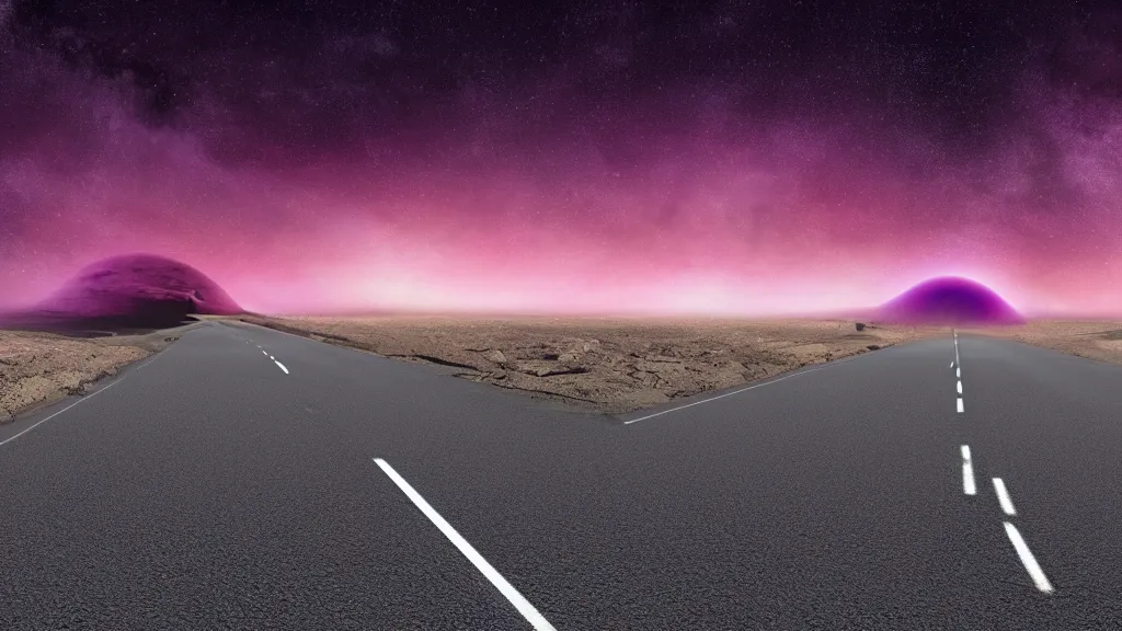 Prompt: a picture of a road in the middle of the purple desert. sky is very clear and blue. a planet is seen rising from the horizon. an ambient occlusion render, space art, terragen, sci - fi