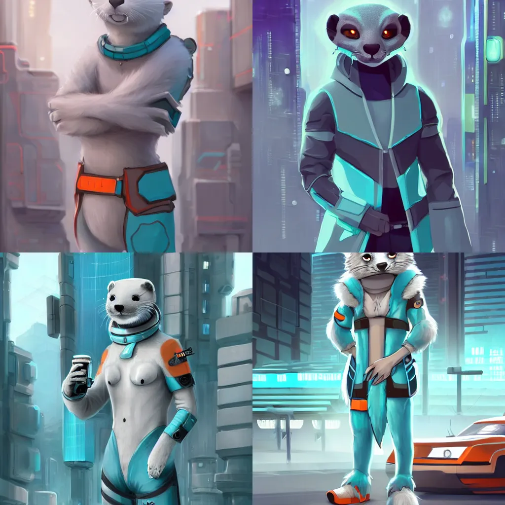 Prompt: a cute male gray turquoise white orange otter fursona wearing futuristic clothes in the streets of cyberpunk city, fantasy, 8 k resolution, hyper detailed, d & d, character design, digital painting, trending on artstation, sharp focus, illustration, art by artgerm, steve zheng, fuji choko, viktoria gavrilenko, hoang lap