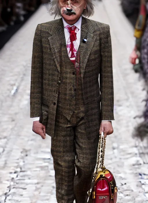 Image similar to hyperrealistic and heavy detailed gucci runway show of albert einstein, leica sl 2 5 0 mm, vivid color, high quality, high textured, real life