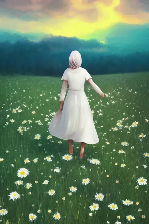 Image similar to white daisy flowers as head veil, girl walking in a flower field, surreal photography, sunrise, dramatic light, impressionist painting, colorful clouds, digital painting, artstation, simon stalenhag