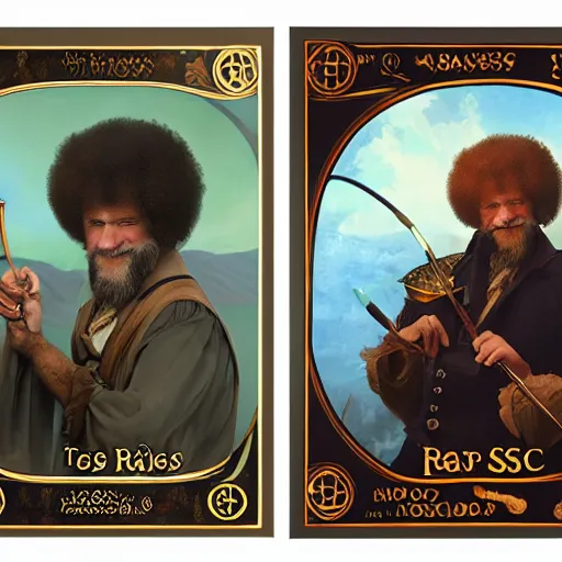 Image similar to an ultra detailed tarot card of bob ross smoking a pipe and dressed as a fantasy bard, d & d, epic fantasy, concept art by alphonse mucha and greg rutkowski, octane render, 8 k, detailed face