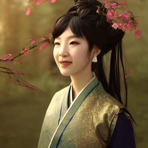 Image similar to a lovely girl in hanfu, by ruan jia, by yun ling, happy expression, smile, unreal engine, 3 d render, 8 k, closeup, smooth, trending on artstation, digital illustration, black hair