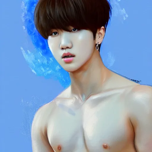 Prompt: wide angle full body portrait of Jimin of bangtan sonyeondan, with a perfect face and perfect body, thin waist, plump lips, intricate, single face, wearing greek Palla, ethereal, men fall for him, short blonde hair, blue eyes, hunter eyes, thin button nose, highly detailed, digital painting, artstation, concept art, smooth, sharp focus, illustration, Unreal Engine 5, 8K, art by artgerm and greg rutkowski and alphonse mucha