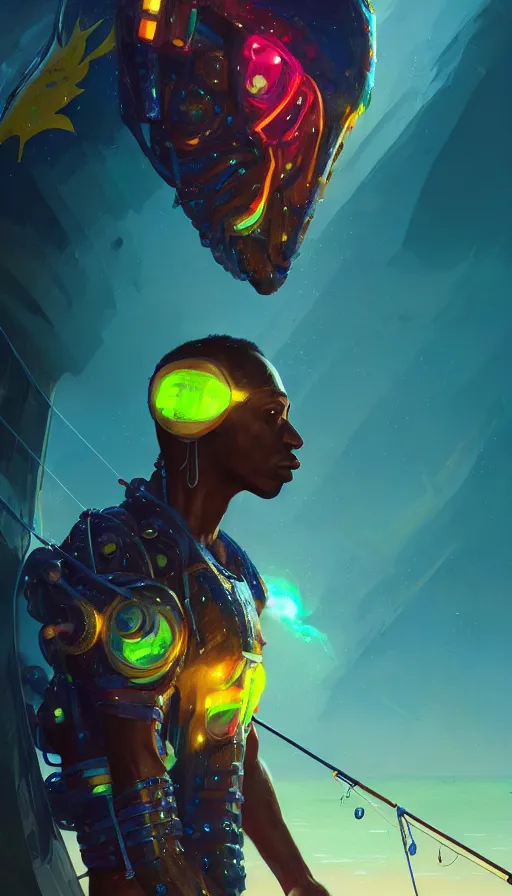 Prompt: portrait of a jamaican fisherman sci - fi glowing fishing armor muscular cyberpunk intricate elegant highly detailed digital painting artstation concept art, jamaican flag background, greg rutkowski, loish, rhads, ferdinand knab, makoto shinkai and lois van baarle, ilya kuvshinov, rossdraws, tom bagshaw