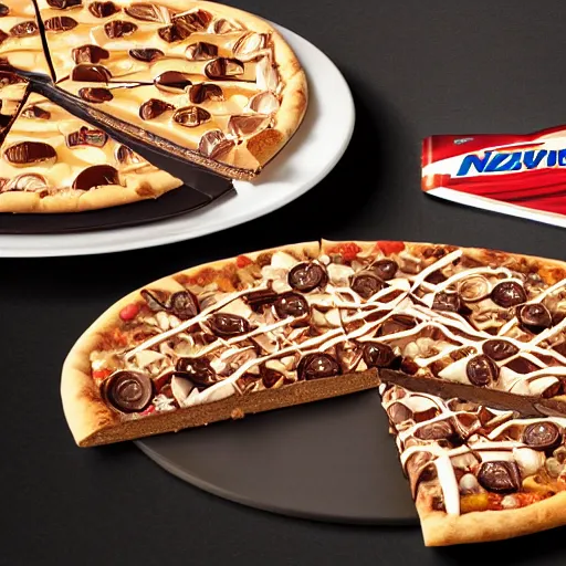 Image similar to advertisement for snickers chocolate pizza from pizza hut