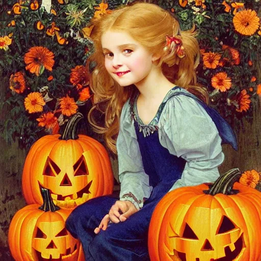 Prompt: a happy little girl with long straight golden blonde hair sitting amidst halloween decor, skulls and pumpkins. beautiful highly detailed face, beautiful painting by alphonse mucha and norman rockwell