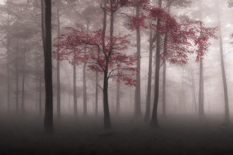 Prompt: deep dark moody forest, red fog on the ground, bleak. big stones, dark mood. mysterious. doom. realistic painting. photobashing, matte painting, highly detailed, autumn, cinematic, hyperralistic, artstation, dramatic lighting, god rays, clean crisp graphics, smooth sharp focus, extremely detailed, ukiyo - e, impressionism