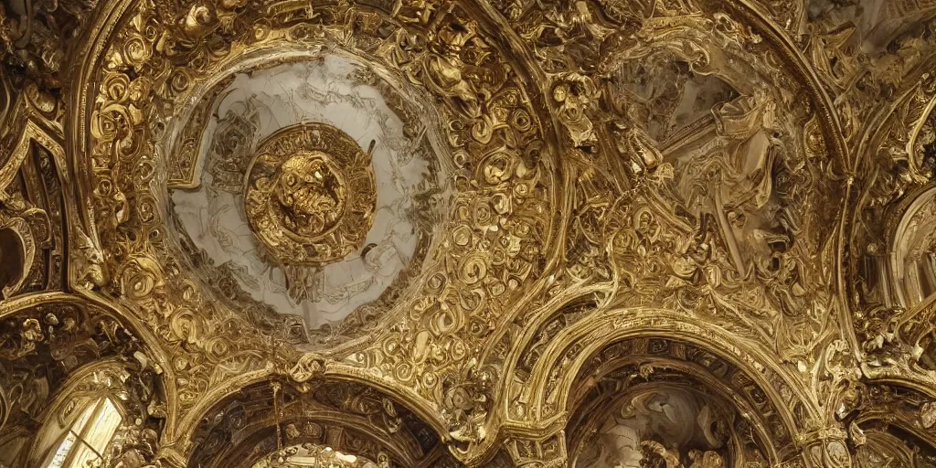 Image similar to beautiful!! ornate heavenly!! marble and gold rococo megastructure in the style of heironymus bosch, asymmetrical extremely intricate masterpiece, hyper detailed, hd