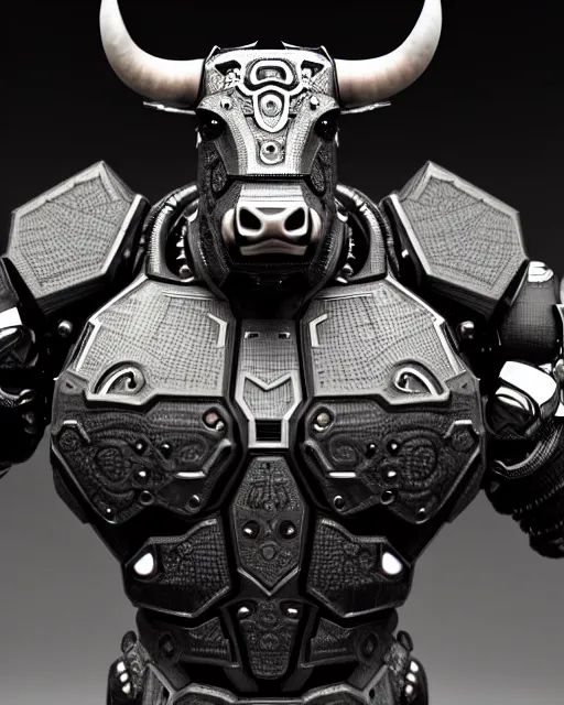 Image similar to a full body shot of an imposing cyborg bull modeled after a bull looking into the camera, contrast lighting, black skin!!!, intricate pattern, hard rubber chest, highly detailed, android, cyborg, full body shot, intricate, 3 d, symmetrical, octane render, fantasy, highly detailed, digital art, artstation, strong bokeh, black face