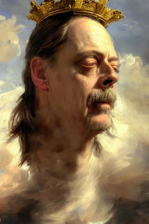 Image similar to beautiful detailed expressive impressionistic oil painting portrait of ancient roman god emperor steve buscemi ascending into the clouds wearing the civic crown, renaissance painting, art by anders zorn, wonderful masterpiece by greg rutkowski, expressive brush strokes, beautiful cinematic light, american romanticism by greg manchess, jessica rossier