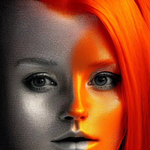 Prompt: a symmetrical portrait of a beautiful orange - haired woman, head and shoulders, god rays, symbolist, dramatic, ultra detailed, holographic design, 4 k, 8 k, hdr, award winning