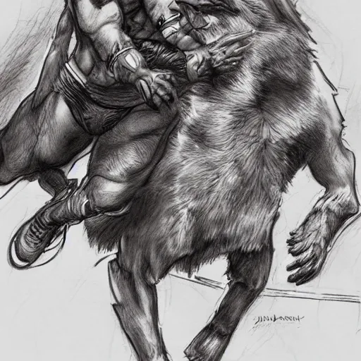 Image similar to a humanoid german shepherd beast - man wrestling with another german shepherd in the middle of an arena, pencil art, added detail, high definiton, colored, aerial viewyoji shinkawa