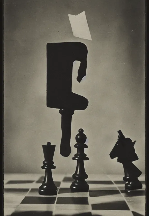 Prompt: a man holding up a single chess piece, a surrealist painting by marcel duchamp, complex artificial intelligence machinery, flickr contest winner, stuckism, surrealist, studio portrait, 1 9 2 0 s