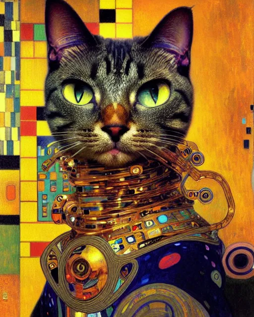 Image similar to robotic cat portrait an oil painting splashes with many colors and shapes by gustav klimt greg rutkowski and alphonse mucha, polycount, generative art, psychedelic, fractalism, glitch art