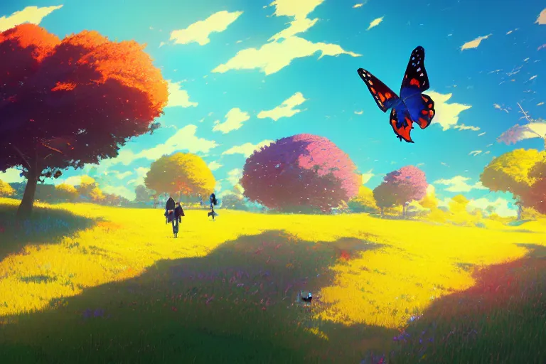 Prompt: A landscape of colorful butterflies under blue sky by makoto shinkai, thomas kinkade, james gilleard, very detailed