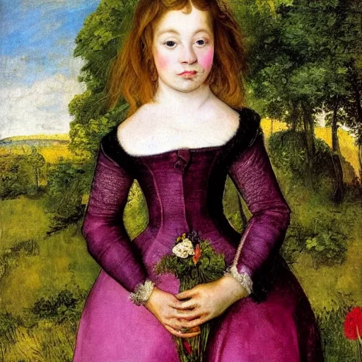 Image similar to by eugene delacroix, by lucas cranach the elder graceful. a conceptual art of a young girl with blonde hair, blue eyes, & a pink dress. she is standing in a meadow with flowers & trees.