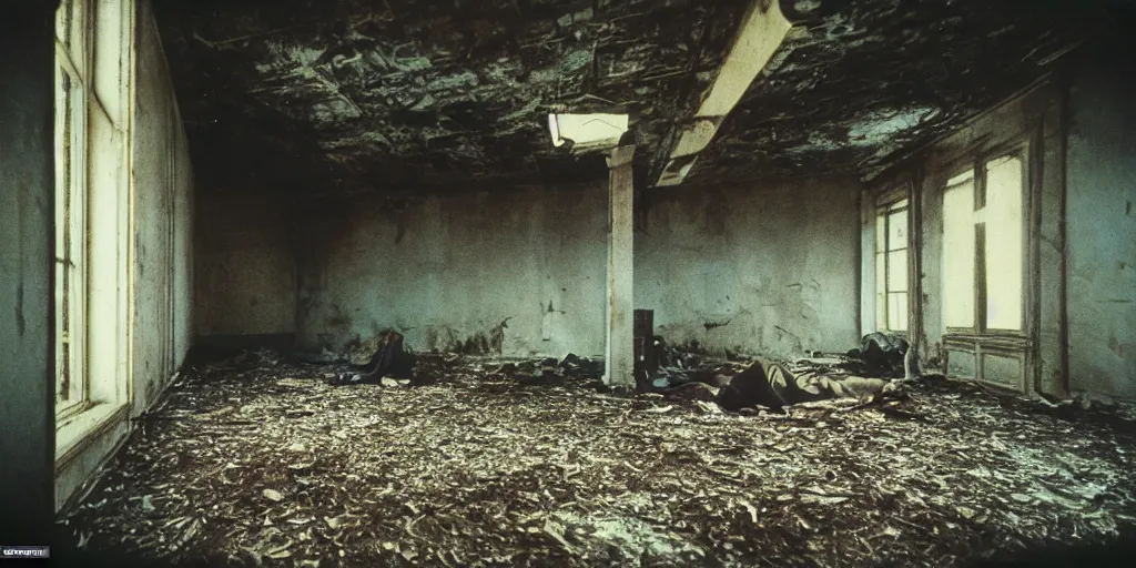 Prompt: detailed analog medium format photo, polaroid still from tarkovsky movie where a man in suit is sleeping in abandoned building, haze, high production value, intricate details, 8 k resolution, hyperrealistic, hdr, photorealistic, high definition, tehnicolor, award - winning photography, masterpiece, amazing colors