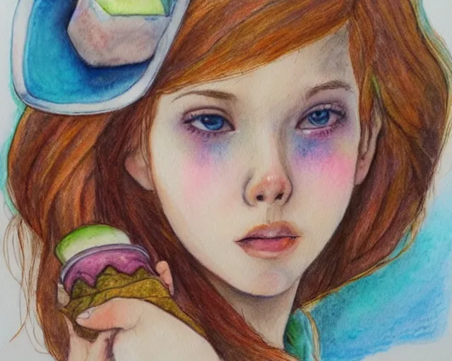 Image similar to a girl with the ice cream watercolor colored pencil painting trending on artstation