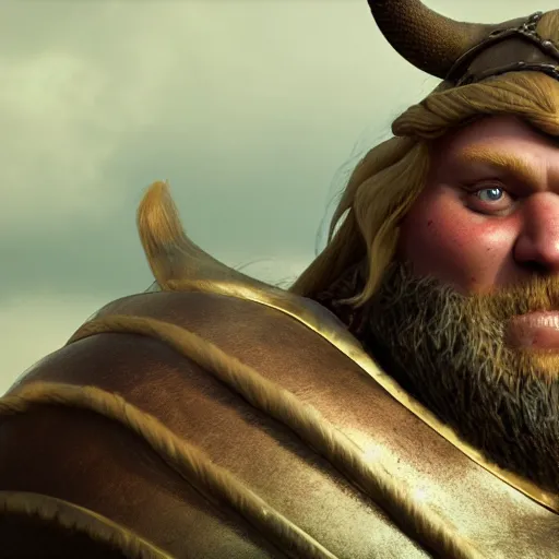 Image similar to a handsome corpulent viking girl with blond hair, clash royal style characters, unreal engine 5, octane render, detailed, cinematografic, cinema 4 d