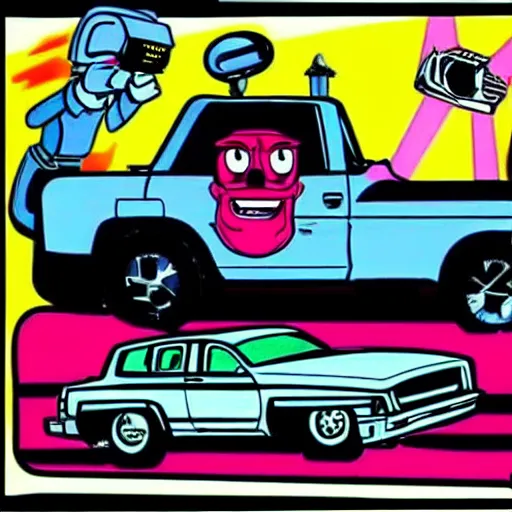 Prompt: anthropomorphic cars and trucks engage in laser gun battles, 8 0 s cartoon