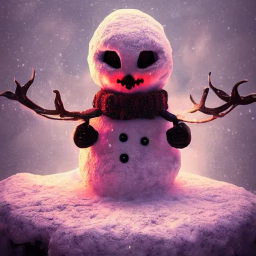 Image similar to Photorealistic evil snowman with devil horns. Hyperdetailed photorealism, 108 megapixels, amazing depth, glowing rich colors, powerful imagery, psychedelic Overtones, 3D finalrender, 3d shading, cinematic lighting, artstation concept art