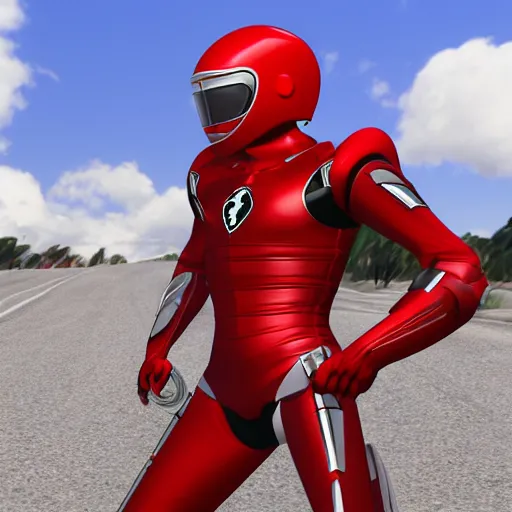 Image similar to Tokusatsu character based on Ferrari, red mechanical skinny body, chest plate with Ferrari logo, stylized motorcycle helmet, full body, unreal engine, 3D model