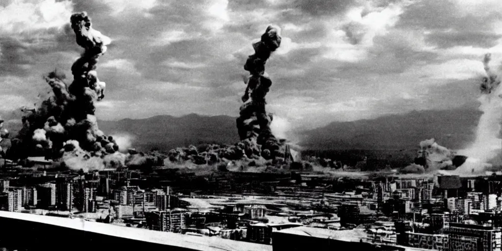 Image similar to a filmstill of Kim Jong-il, monster destroying Pyongyang, in Godzilla (1954) by Ishirō Honda, epic ultrawide shot, cinémascope