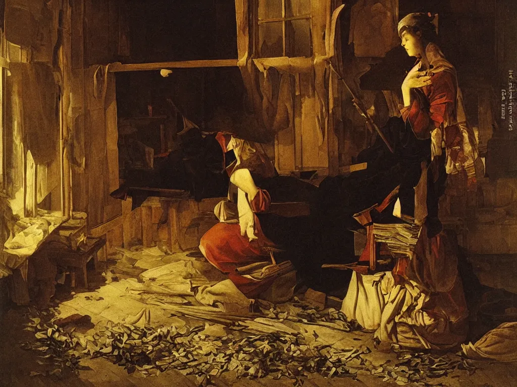 Image similar to Woman setting fire to the interior of an old wooden house full of cloth, books, wilted flowers. Painting by Georges de la Tour.