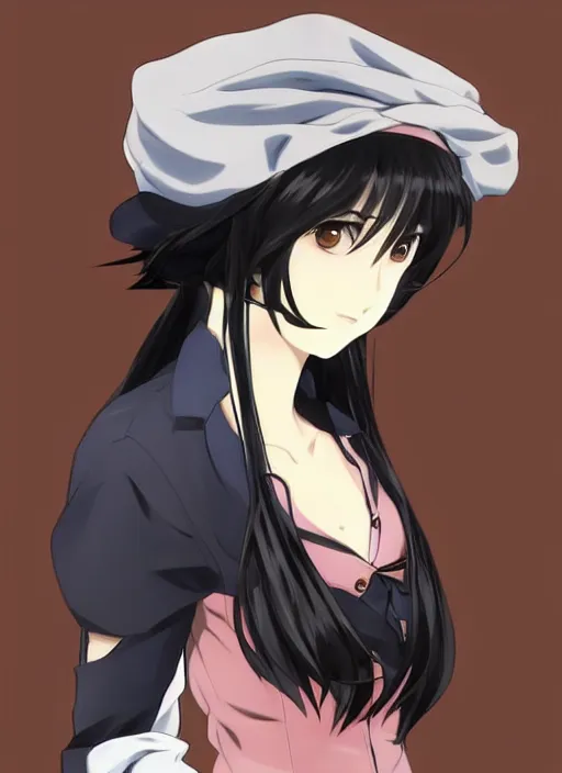 Image similar to key anime visual of a beautiful girl wearing a beige beret and blue shirt; long black hair; anime; drawn by Shigenori Soejima; 3 tone colors