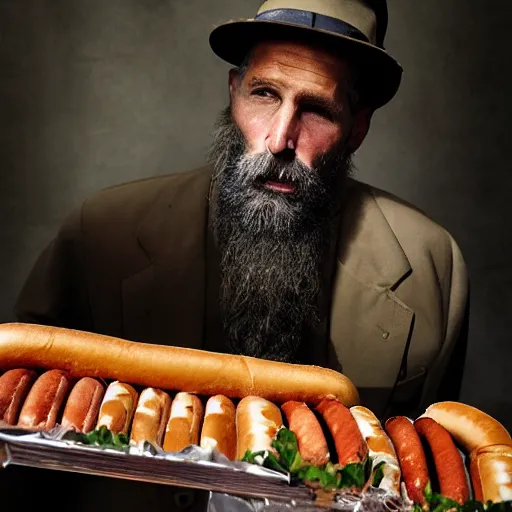 Image similar to closeup portrait of a snake oil salesman selling hotdogs in a smoky new york back street, by Annie Leibovitz and Steve McCurry, natural light, detailed face, CANON Eos C300, ƒ1.8, 35mm, 8K, medium-format print