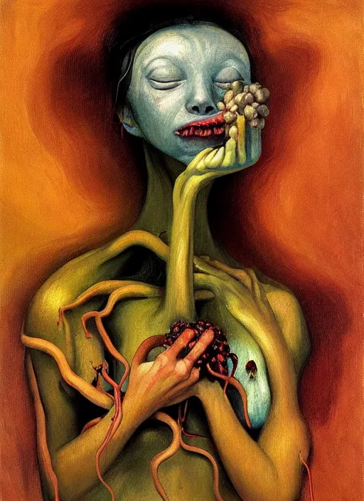 Image similar to Oil painting - She Eats of the Strangling Fruit and Her gossamer polyp blossoms bring iridescent fungal flowers whose spores like cordyceps black the foolish stars by Lucian Freud and Jenny Saville, Abstract brush strokes, Masterpiece, Edward Hopper and James Gilleard, Zdzislaw Beksinski, Mark Ryden, Wolfgang Lettl highly detailed, hints of Yayoi Kasuma