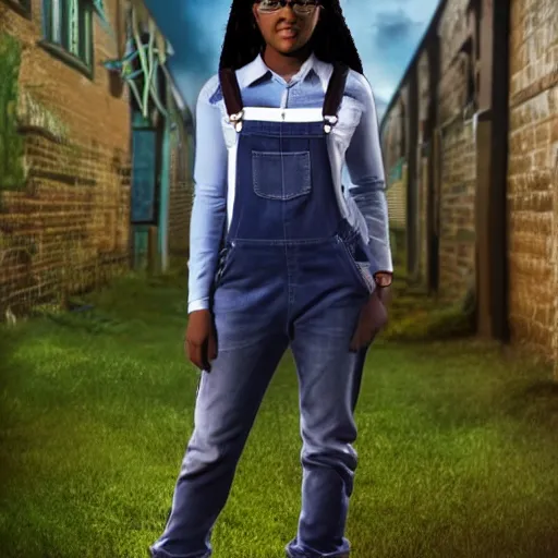 Image similar to a nerdy 17 year old black girl, comic book style, marvel comic book style, wearing overalls, highly detailed, concerned