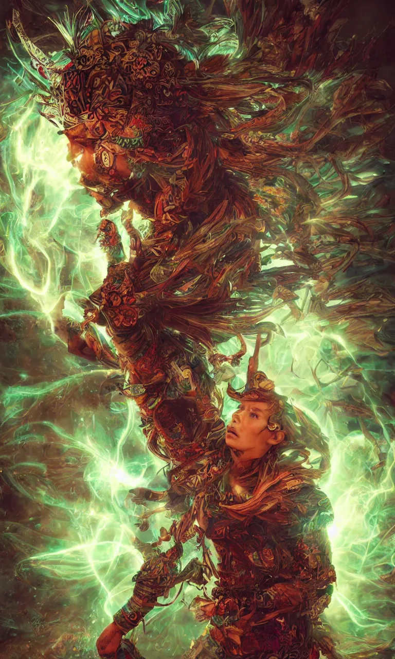 Image similar to An epic fantasy comic book style portrait painting of a wild shaman tripping on Ayahuasca, Shipibo patterns made of lasers, fisheye lens, unreal 5, DAZ, hyperrealistic, octane render, cosplay, RPG portrait, dynamic lighting