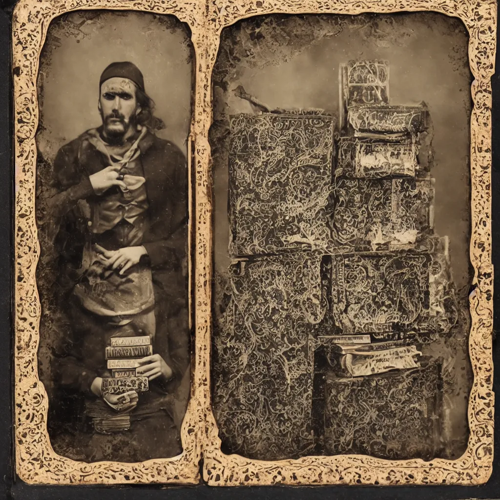 Image similar to tintype of a pagan cultist with occult books