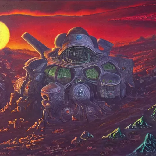 Prompt: the dirdir, jack vance, planet of adventure, mike mignogna, highly detailed, vintage dark sci fi, oil painting