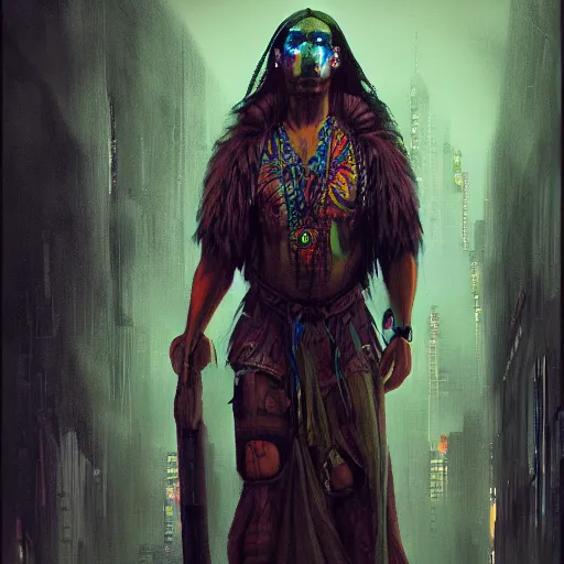 Prompt: a shaman portriat, cyberpunk