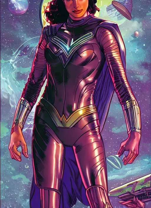 Image similar to portrait of gal gadot as a space ranger on an alien planet by clyde caldwell, rule of thirds