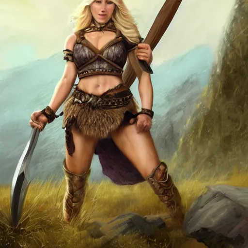 Prompt: an ultradetailed portrait of a beautiful and tough looking blonde viking woman, carrying a large axe above her head, fantasy, intricate, elegant, highly sharp focus, illustration, digital painting, smiling playfully, burning village in the background, night time raid, 8 k, artstation, fine detail, art by frank frazetta